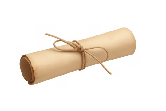 Rolled parchment scroll tied with string, conveying an ancient message, old document for history, past events, storytelling