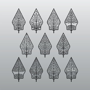 Gunungan Kayon Javanese Indonesian Traditional Wayang Puppet Art Show Cultural Pattern Black Outline Vector Set Collection