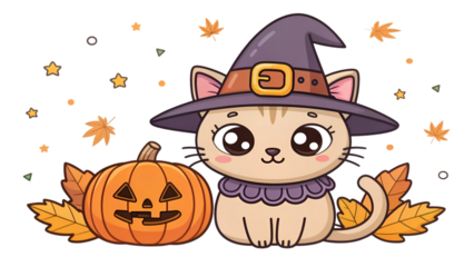 Cute cartoon cat wearing a witch hat with a jack o lantern pumpkin