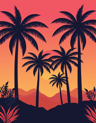 Obraz premium Tropical Sunset Landscape with Palm Trees Vector Illustration