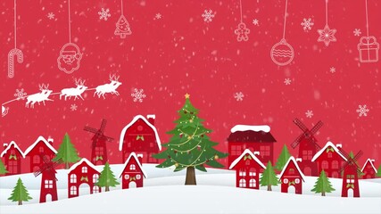 Animated Christmas scene with falling snow and festive houses creating a joyful holiday mood, perfect for cards, backgrounds, and seasonal greetings