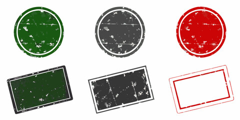 Set of six distressed grunge rubber stamps in circular and rectangular shapes in green gray and red