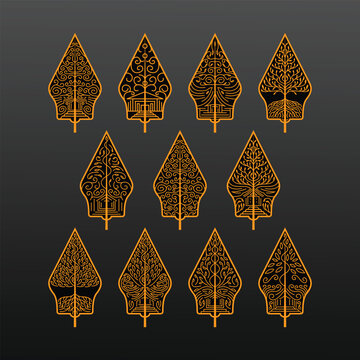 Gunungan Kayon Javanese Indonesian Traditional Wayang Puppet Art Show Cultural Pattern Black Gold Outline Vector Set Collection