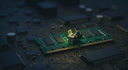 A miniature figure sits at a computer atop a computer memory module, illuminated by the glow of the screen. Exploring the intricacies of technology.