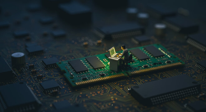 A miniature figure sits at a computer atop a computer memory module, illuminated by the glow of the screen. Exploring the intricacies of technology. - Powered by Adobe