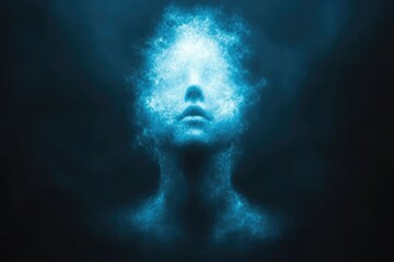 Ethereal face shrouded in shimmering blue light and particles