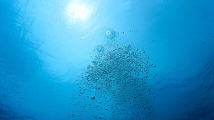 Oxygen in rays of light breaking through the surface in the blue ocean. Underwater photo.