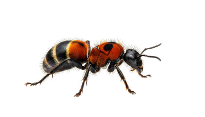 Stunning macro detail of a vibrant velvet ant, a wingless wasp with striking orange and black bands, isolated on white for design projects.