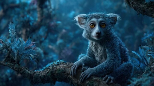 A cute, blue-furred lemur perches on a mossy branch amidst a fantastical forest