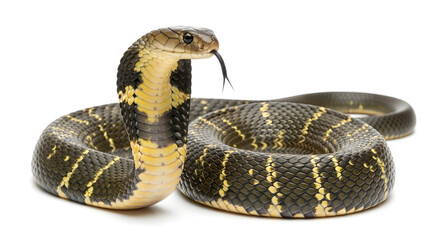 Fototapeta premium Striking King Cobra poised defensively with hood flared, showcasing vibrant yellow and black patterns on isolated white background.