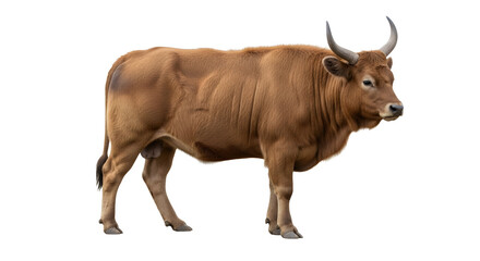 Majestic brown bull with impressive horns stands powerfully against on isolated white background, ready for agricultural or wildlife projects.