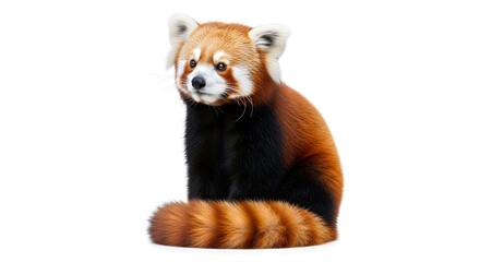 Fototapeta premium Captivating red panda stands upright, showcasing its captivating features and curious gaze against on isolated white background. Perfect for nature, wildlife, and cute animal themes.