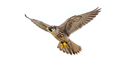 Experience the thrill of a majestic falcon soaring through the clear sky, its wings spread wide in a stunning display of power and agility on isolated white background.