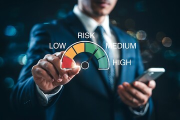 Risk assessment and management performance indicator gauge. Risk level gauge from low to high, performance evaluation, analysis, strategic planning, and decision-making process for business continuity