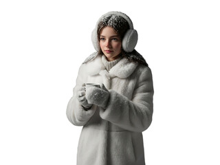Winter girl in white fur coat holding cup in falling snow