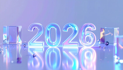 Gleaming iridescent numerals of the year 2026 are artfully arranged on a reflective surface, surrounded by translucent geometric shapes and small spheres, cr...