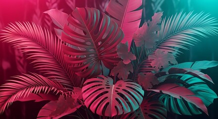 Creative fluorescent color layout made of tropical leaves. Flat lay neon colors. Nature concept.