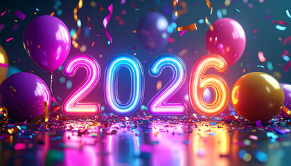 Happy New Year 2026 Celebration with Balloons and Confetti.