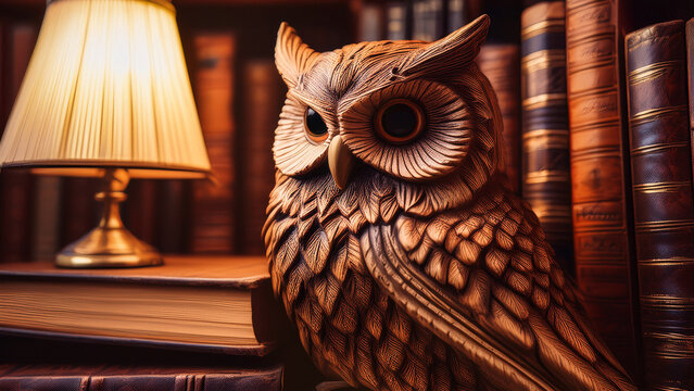 A carved wooden owl sitting atop an old bookshelf, surrounded by vintage books and warm lamplight. Camera close-up from side angle. Texture of carved feathers detailed and tactile. Tone: warm amber, d