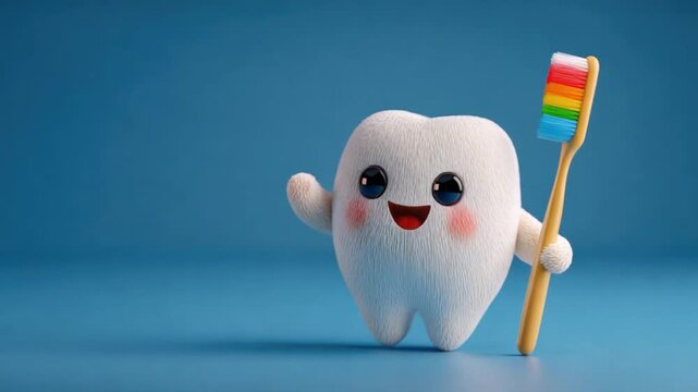 A cute cartoon tooth mascot with a rainbow toothbrush on a blue background