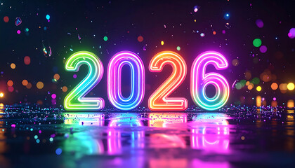 Vibrant neon numbers "2026" glow brightly with a rainbow of colors, set against a dark, bokeh-filled background with falling confetti, creating a festive and...