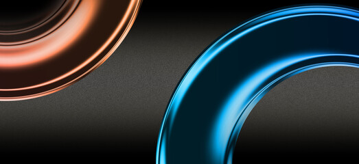 Abstract Glowing Metallic Rings, Futuristic 3D Liquid Shapes on Dark Grainy Background
