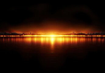 Gold light over water mirrors distant cityscape at night