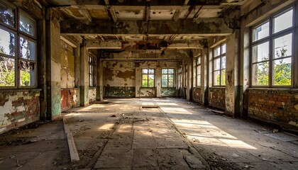 Fototapeta premium Sunlight streams into a large abandoned industrial hall.