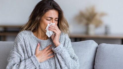 Woman Sitting on Sofa with Tissues Experiencing Emotional Distress