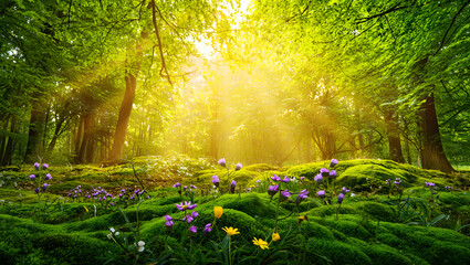 Fototapeta premium The Vibrant Forest Floor with Wildflowers and Golden Sunbeams