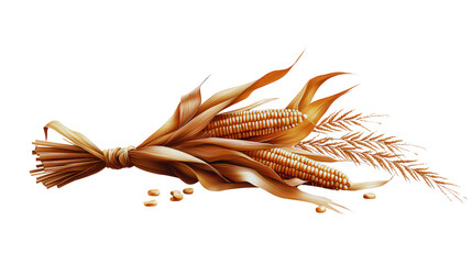 Festive dried corn stalk bundle, golden wheat, and rich autumn grain harvest