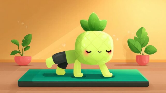 A cute pineapple creature, wearing shorts, does yoga on a mat with two potted plants nearby