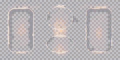 Three abstract translucent shapes with glowing light effects on a checkered background