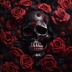 Gothic Skull Decorated with Ornate Gold Filigree Surrounded by Romantic Red and White Roses, Forming a Heart Shape Against a Dark, Macabre Background.