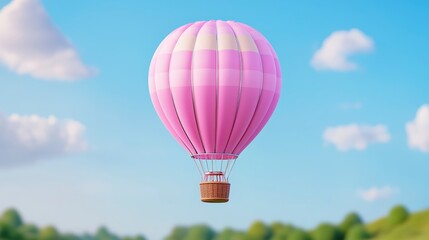Naklejka premium Colorful Hot Air Balloon Floating in a Clear Blue Sky Over a Scenic Green Landscape