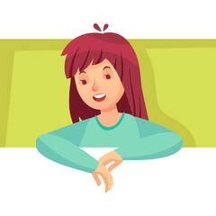 Young Woman with Long Red Hair Peeking Over a Ledge with Arms Crossed Wearing a Teal Long Sleeve Shirt Smiling with a Friendly Expression against a Bright Yellow Background with a White Border