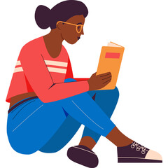 Young Woman Wearing Glasses And A Coral Sweater Reads A Book While Sitting Down On A Transparent Background Wearing Blue Jeans And Sneakers