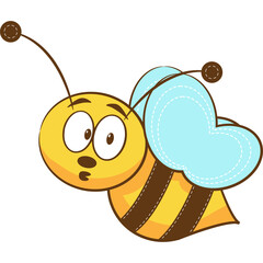 Surprised cartoon bee with big eyes and light blue wings flies with a transparent background