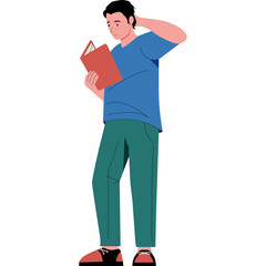 Young Man In Blue T Shirt And Teal Pants Reading A Book Outdoors With One Hand In His Hair And A White Background