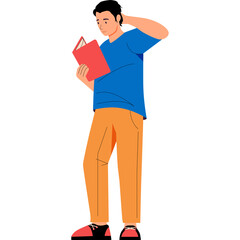 Young Man In Blue Shirt Orange Pants Reading Red Book Standing On Transparent Background Focused Expression With Hand In Hair Thinking Deeply About Study Material