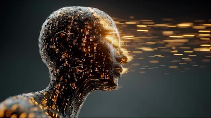 A futuristic holographic human head filled with digital light and binary code, representing human-AI collaboration. Perfect for tech education and AI-related visuals. - Powered by Adobe