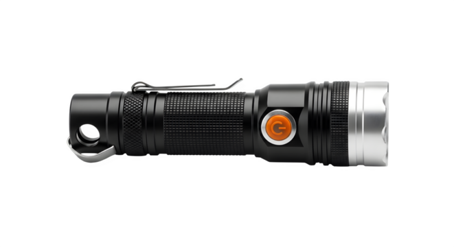 Tactical flashlight isolated on transparent background compact and durable flashlight for outdoor activities, camping, and emergency situations