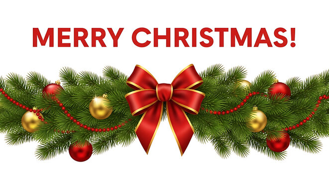 Merry christmas text with a festive garland of pine branches, red and gold ornaments, and a red bow
