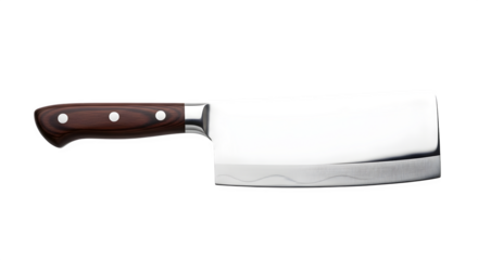 A sharp meat cleaver isolated on transparent background, a butcher knife with a wooden handle, a robust tool for cutting through meat and bone