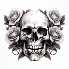 Detailed black and white pencil sketch of a human skull with cracked bone texture, framed by dark, beautifully blooming roses and foliage.