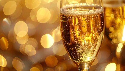 Hyper detailed macro of golden champagne flute filled with bubbles, reflections 