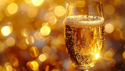 Hyper detailed macro of golden champagne flute filled with bubbles, reflections 