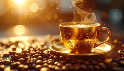 Hyper realistic close-up of a golden espresso cup beside coffee beans, metallic shine
