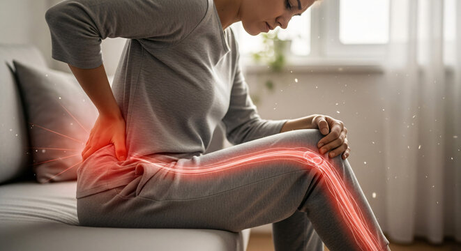 Woman Suffering from Sciatica Pain, Visualized as Red Glowing Nerve Pathway Down the Leg