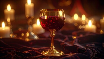 Hyper realistic close-up of a golden wine goblet with red wine swirling slowly